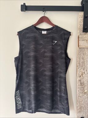Gymshark Men’s Black and White Striped Graphic Training Tank size large
